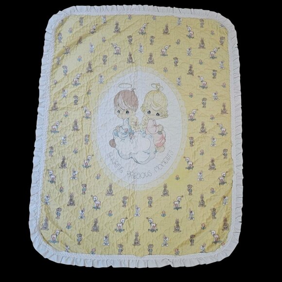 VTG Precious Moments Baby Quilt Blanket Angels Yellow Unisex Boy Girl Animals - Picture 1 of 10